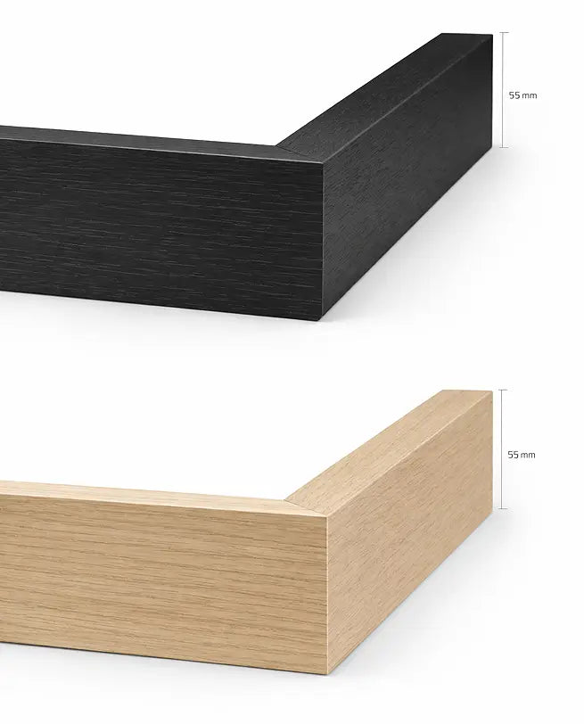 Svart canvasram och canvasram med ekfinish, båda med ett djup på 55 mm